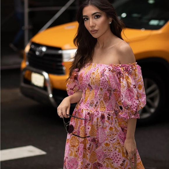 Jessie Zhoa MOUNTAIN IMAGINATION SMOCKED MIDI DRESS Pink Print size L - Picture 5 of 6